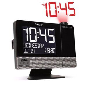 Projection with Usb Charge Table Clock Black - Sharp: Modern LED Display, Snooze